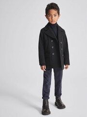 Reiss Black Cork Junior Double Breasted Wool Peacoat - Image 1 of 7