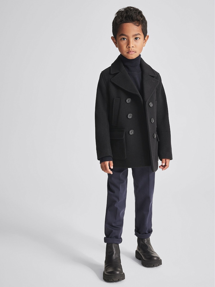 Reiss Black Cork Junior Double Breasted Wool Peacoat - Image 1 of 7