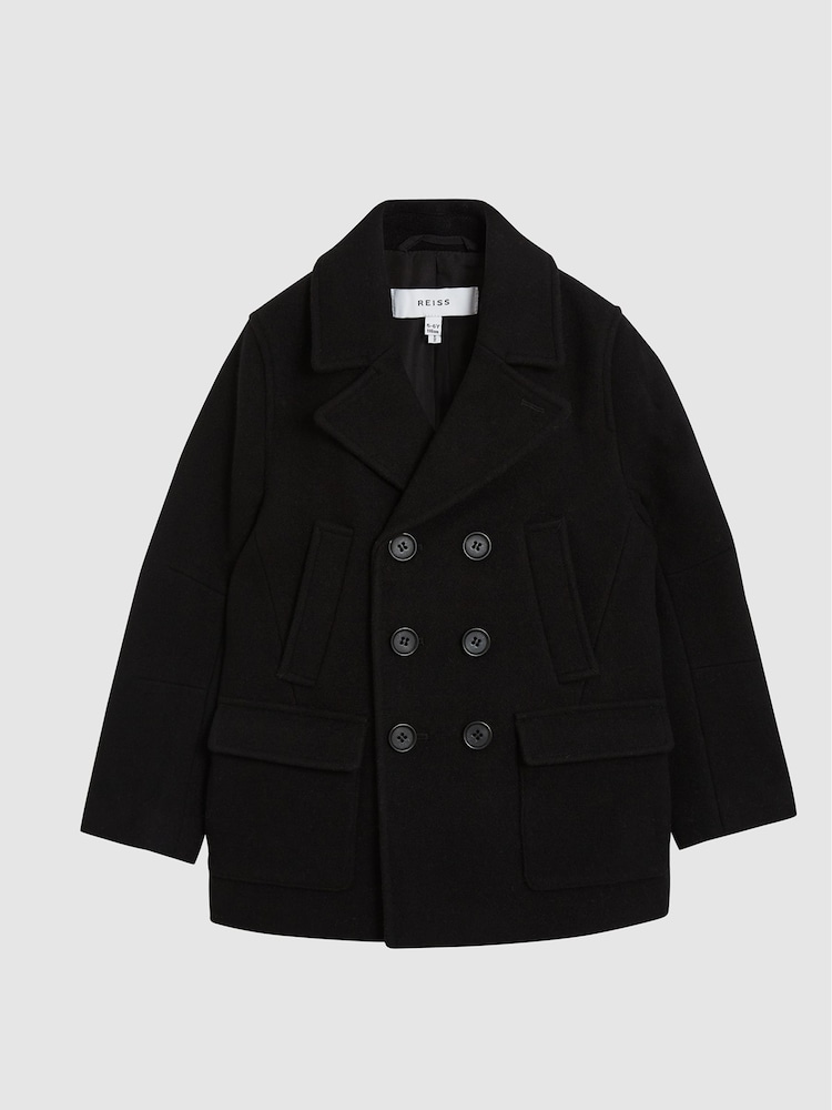 Reiss Black Cork Junior Double Breasted Wool Peacoat - Image 2 of 7