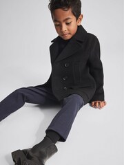 Reiss Black Cork Junior Double Breasted Wool Peacoat - Image 6 of 7