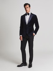 Reiss Navy Blue Ace Single Breasted Velvet Blazer - Image 1 of 5