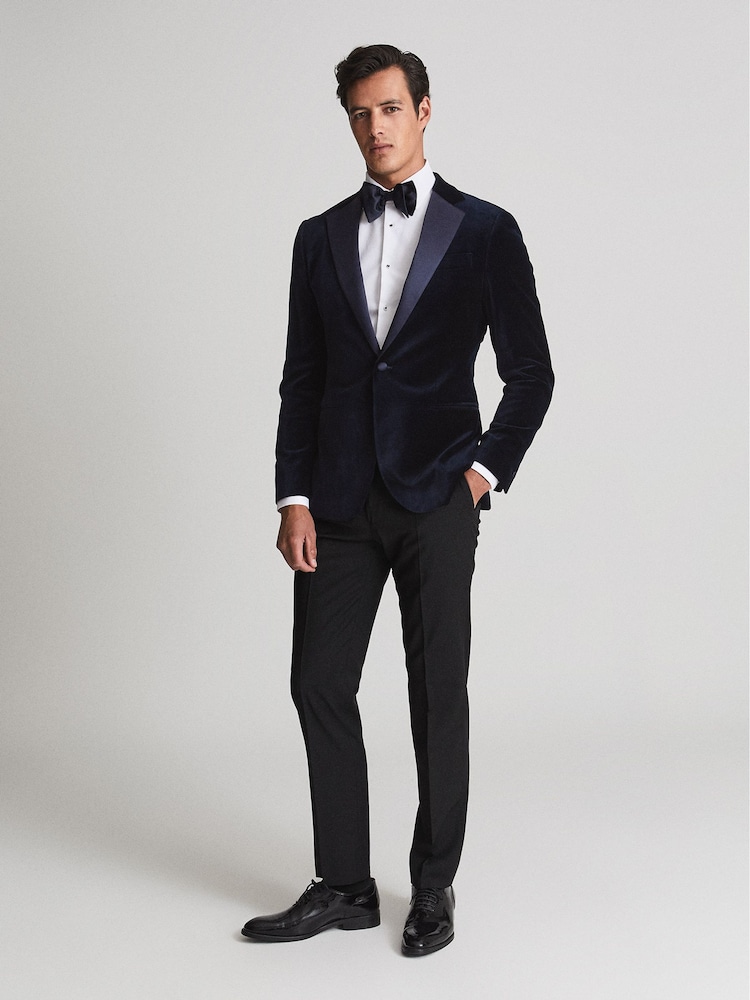 Reiss Navy Blue Ace Single Breasted Velvet Blazer - Image 1 of 5