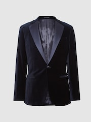 Reiss Navy Blue Ace Single Breasted Velvet Blazer - Image 2 of 5