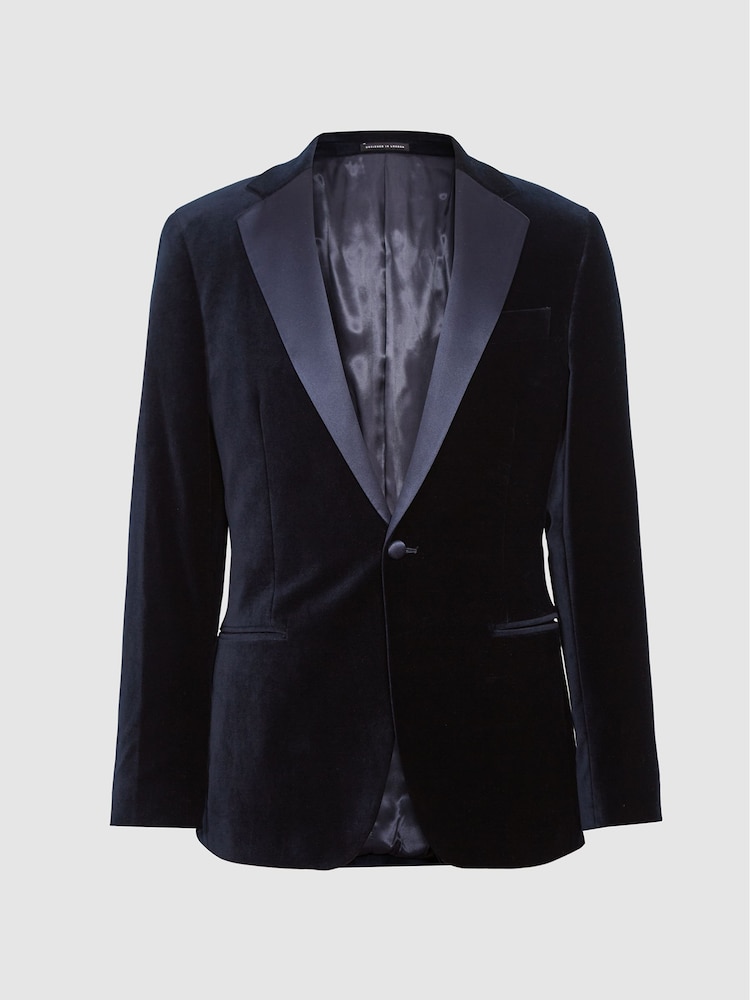 Reiss Navy Blue Ace Single Breasted Velvet Blazer - Image 2 of 5