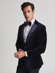 Reiss Navy Blue Ace Single Breasted Velvet Blazer - Image 3 of 5