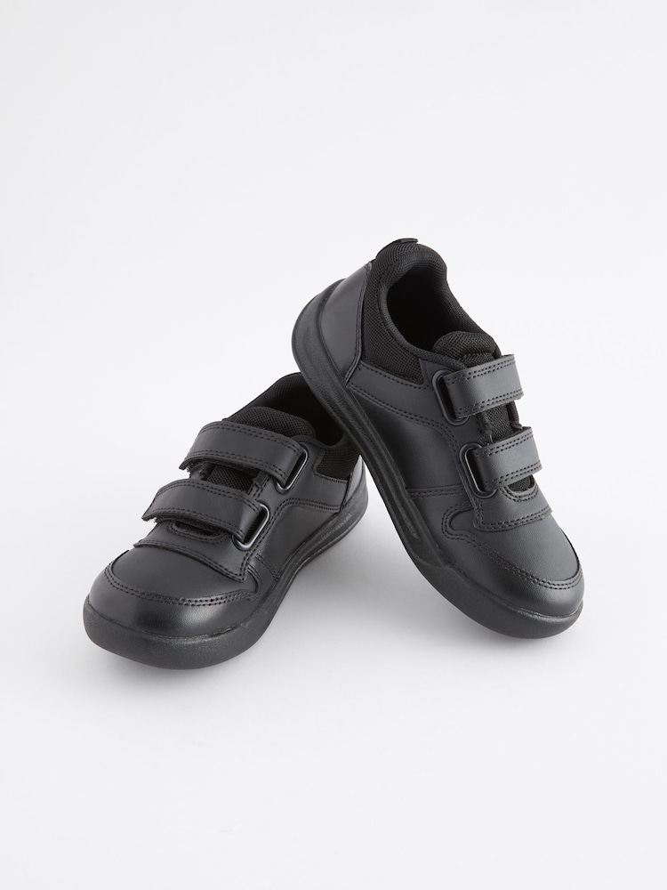 Black Strap Touch Fasten Extra Wide Fit (H) Double Strap Touch Fastening School Trainers - Image 1 of 6
