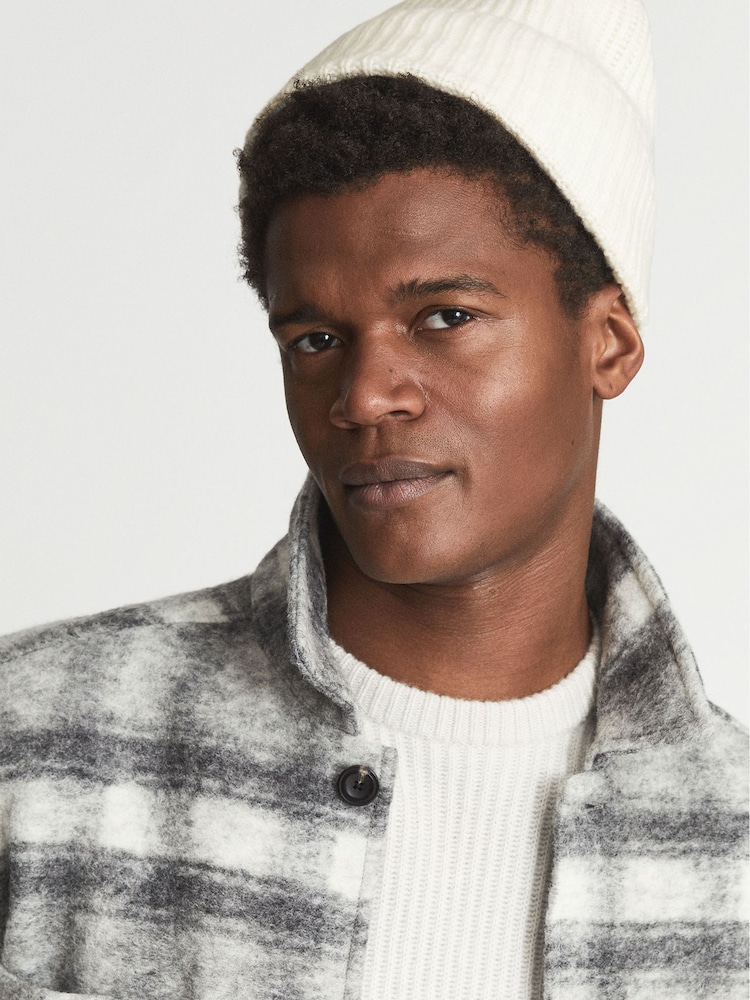 Reiss Ecru Ace Rib Knitted Lambswool Beanie - Image 1 of 3