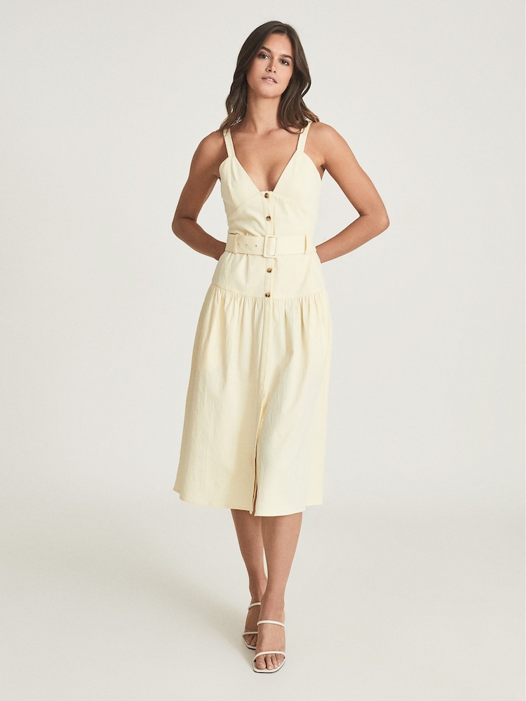 Reiss Yellow Vita Button Through Midi Dress - Image 1 of 6