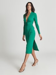 Reiss Green Rosie Viscose Plunge Neck Midi Dress - Image 1 of 6