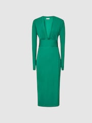 Reiss Green Rosie Viscose Plunge Neck Midi Dress - Image 2 of 6