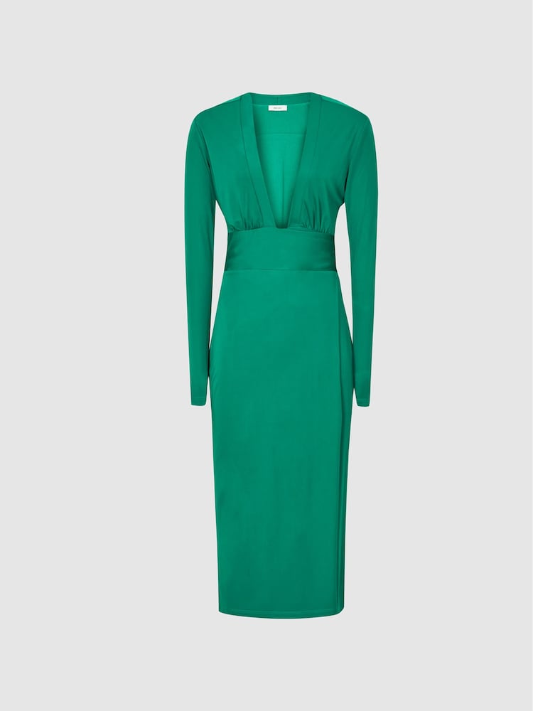 Reiss Green Rosie Viscose Plunge Neck Midi Dress - Image 2 of 6