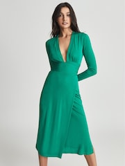 Reiss Green Rosie Viscose Plunge Neck Midi Dress - Image 3 of 6