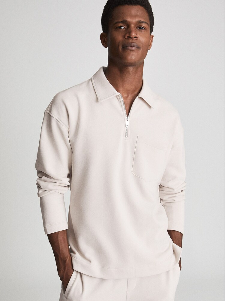 Reiss Off-White Gabe Garment Dye Zip Neck Polo - Image 1 of 6