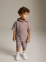 Tan Brown Short Sleeve Textured Hoodie and Shorts Set (3mths-7yrs) - Image 1 of 8