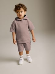 Tan Brown Short Sleeve Textured Hoodie and Shorts Set (3mths-7yrs) - Image 2 of 8