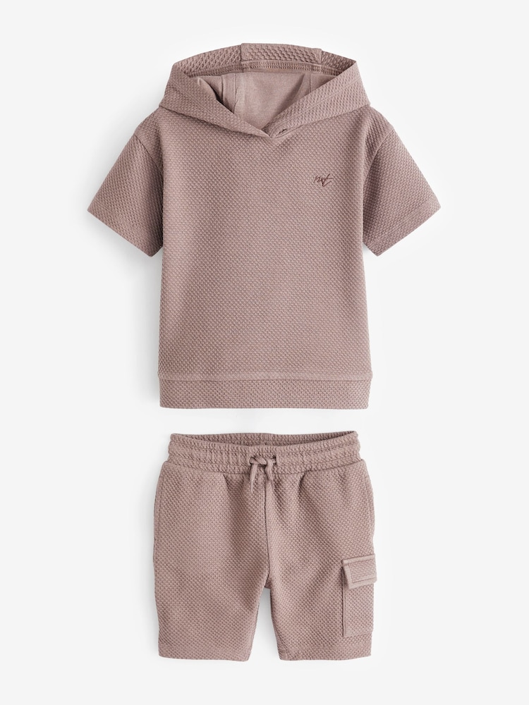 Tan Brown Short Sleeve Textured Hoodie and Shorts Set (3mths-7yrs) - Image 6 of 8