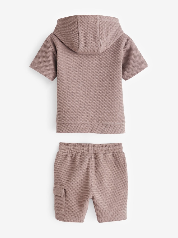 Tan Brown Short Sleeve Textured Hoodie and Shorts Set (3mths-7yrs) - Image 7 of 8