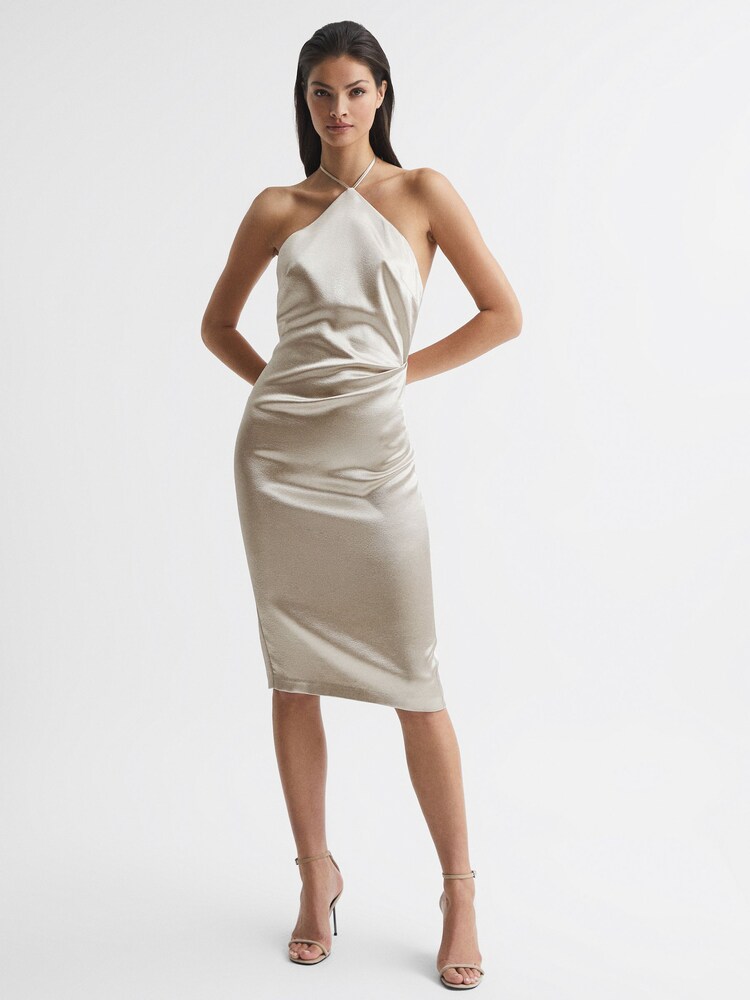 Reiss Silver Farah Metallic Halterneck Occasion Dress - Image 1 of 7