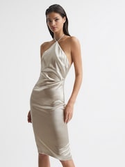 Reiss Silver Farah Metallic Halterneck Occasion Dress - Image 3 of 7