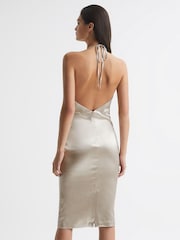 Reiss Silver Farah Metallic Halterneck Occasion Dress - Image 5 of 7