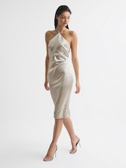 Reiss Silver Farah Metallic Halterneck Occasion Dress - Image 6 of 7