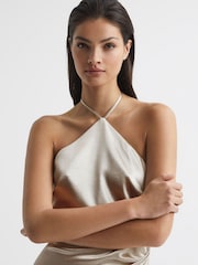 Reiss Silver Farah Metallic Halterneck Occasion Dress - Image 7 of 7