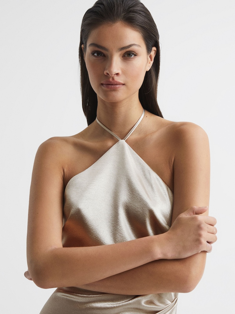 Reiss Silver Farah Metallic Halterneck Occasion Dress - Image 7 of 7