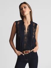 Reiss Navy Greta Sleeveless Embroidered Lace Blouse - Image 1 of 5