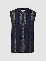 Reiss Navy Greta Sleeveless Embroidered Lace Blouse - Image 2 of 5