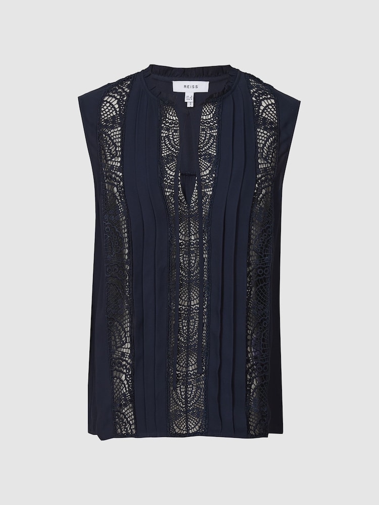 Reiss Navy Greta Sleeveless Embroidered Lace Blouse - Image 2 of 5