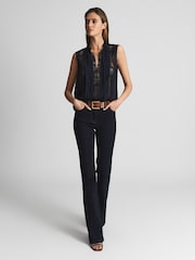 Reiss Navy Greta Sleeveless Embroidered Lace Blouse - Image 3 of 5