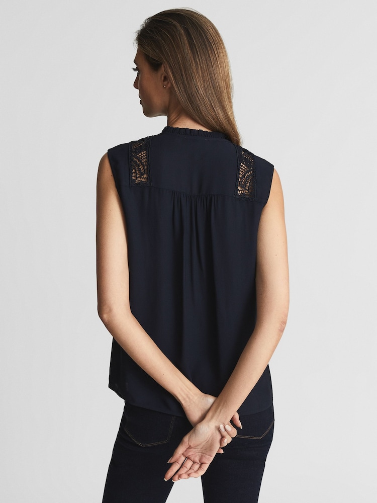 Reiss Navy Greta Sleeveless Embroidered Lace Blouse - Image 5 of 5