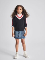 Reiss Navy Cora Junior Stripe Trim V-Neck Jumper - Image 1 of 6