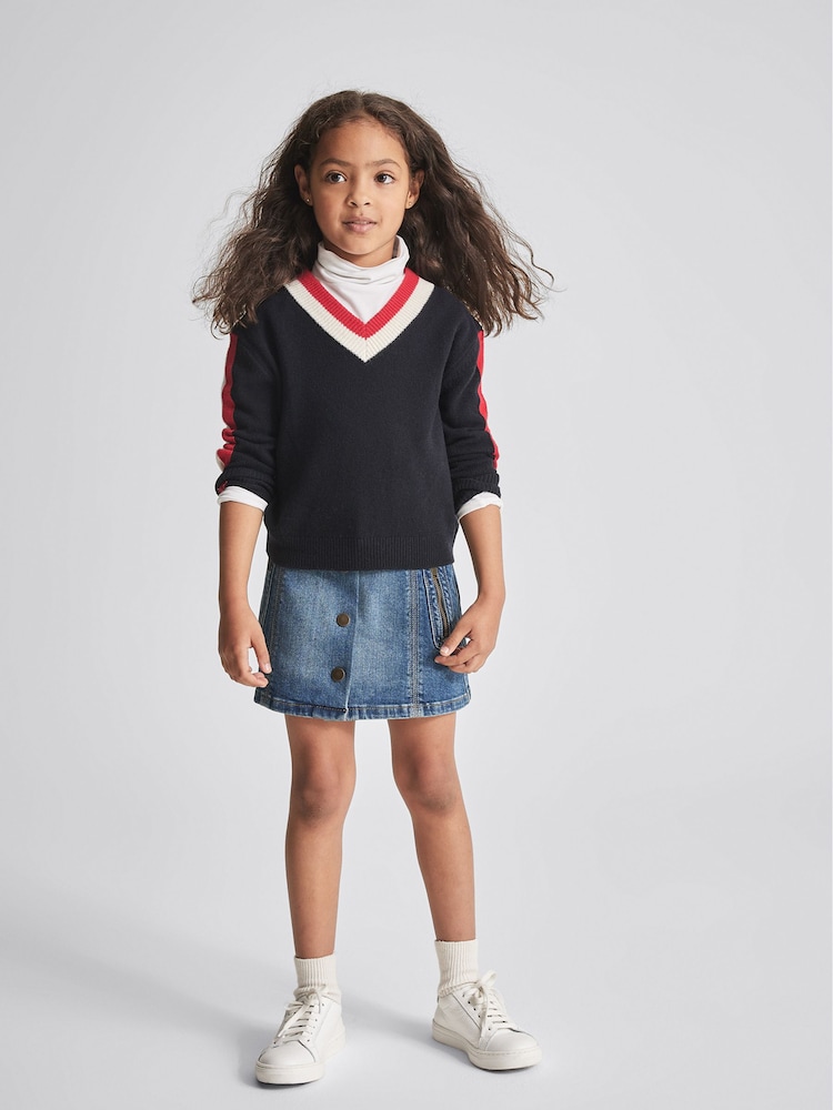 Reiss Navy Cora Junior Stripe Trim V-Neck Jumper - Image 1 of 6