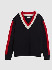 Reiss Navy Cora Junior Stripe Trim V-Neck Jumper - Image 2 of 6