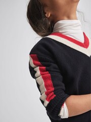 Reiss Navy Cora Junior Stripe Trim V-Neck Jumper - Image 3 of 6