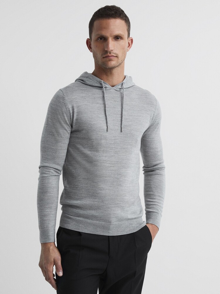 Reiss Soft Grey Mouline Merino Wool Hoodie - Image 1 of 7
