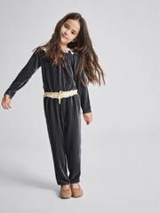 Reiss Grey Dana Jr Lace Trim Velvet Jumpsuit - Image 1 of 6