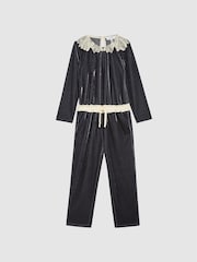 Reiss Grey Dana Jr Lace Trim Velvet Jumpsuit - Image 2 of 6