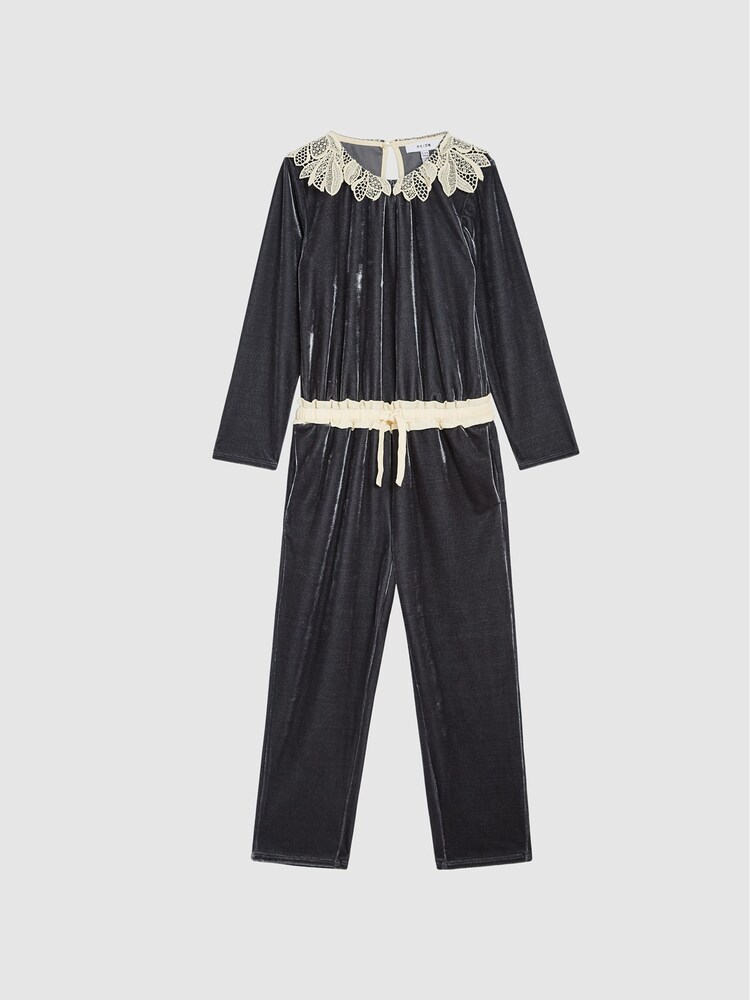 Reiss Grey Dana Jr Lace Trim Velvet Jumpsuit - Image 2 of 6