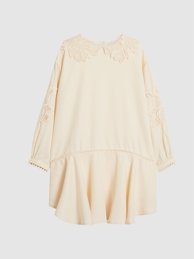 Reiss Ivory Nettie Junior Lace Trim Mini Dress - Image 2 of 6