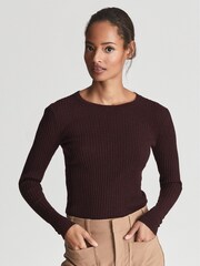 Reiss Burgundy Maeve Rib-Knitted Crew Neck Jumper - Image 1 of 5