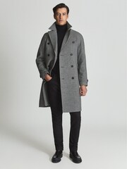 Reiss Black Print General Houndstooth Double Breasted Coat - Image 1 of 7