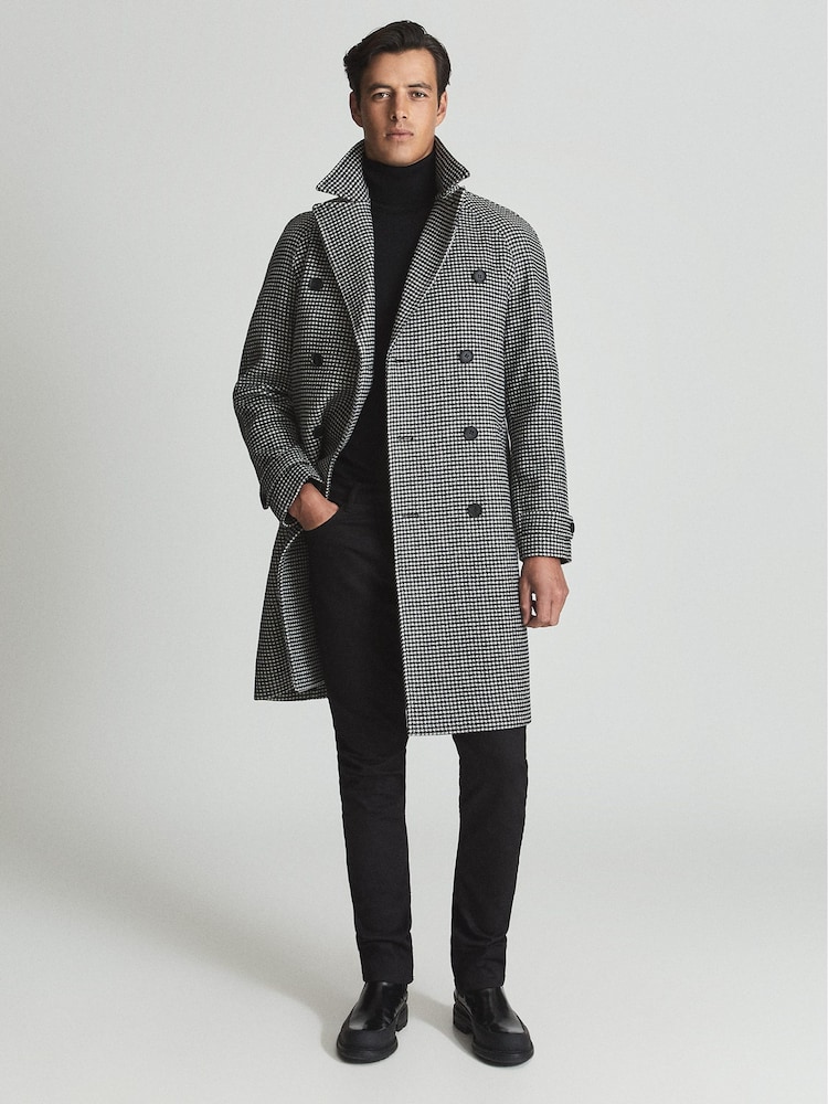 Reiss Black Print General Houndstooth Double Breasted Coat - Image 1 of 7