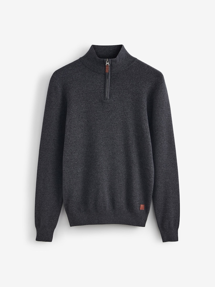 Charcoal Grey Zip Neck Knitted Premium Regular Fit Jumper - Image 1 of 2
