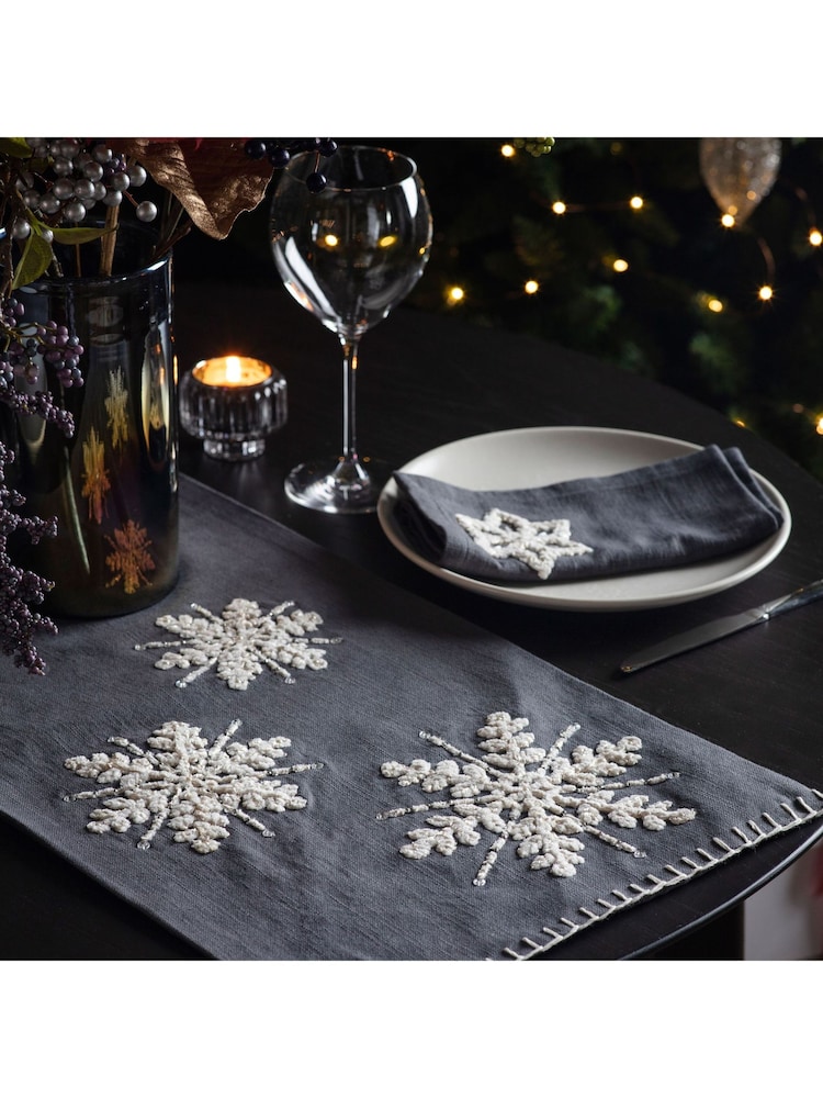 Gallery Home Grey Embroidered Christmas Snowflakes 100% Cotton Charcoal Table Runner - Image 1 of 4