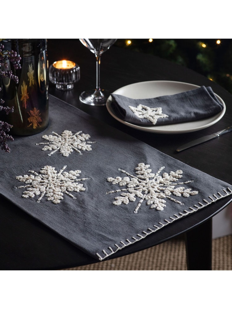 Gallery Home Grey Embroidered Christmas Snowflakes 100% Cotton Charcoal Table Runner - Image 2 of 4