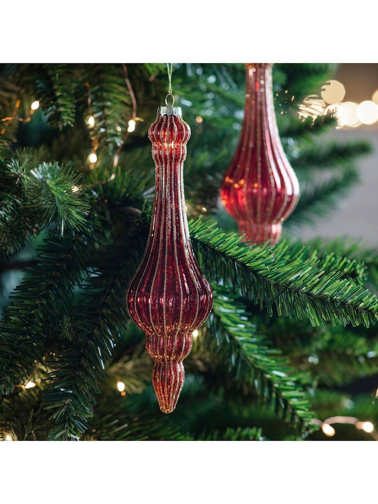 Gallery Home 3 Pack Red Glitter Patterned Ruby Teardrop Christmas Baubles - Image 1 of 2