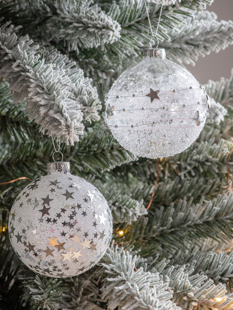 Gallery Home Set of 6 White Assorted Glitter Star Christmas Baubles - Image 1 of 2