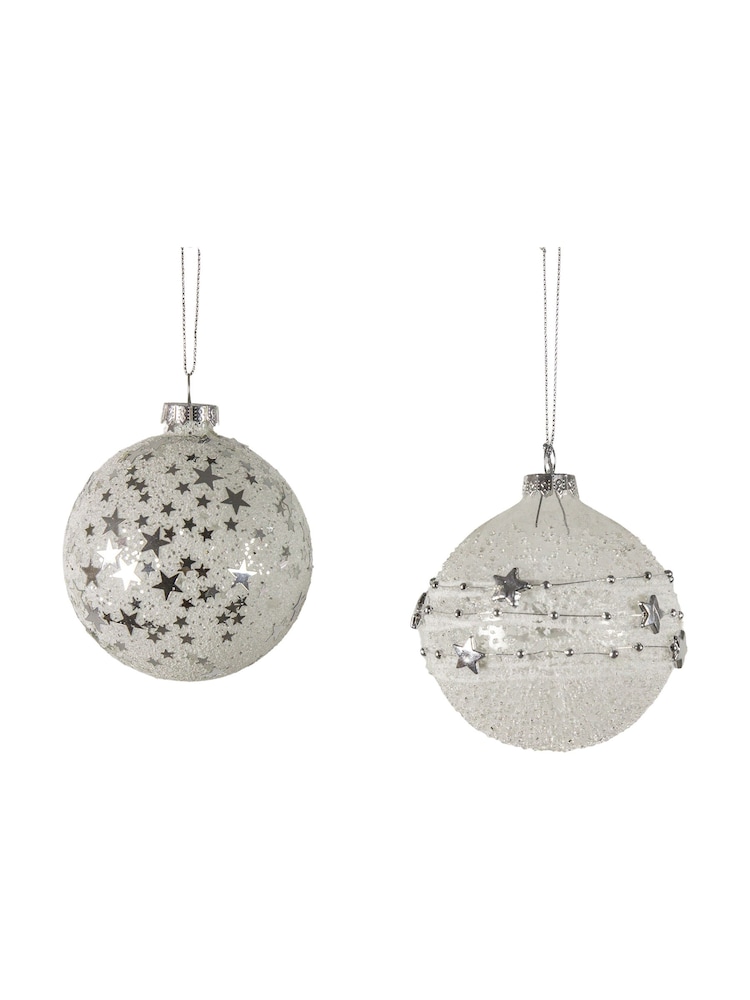 Gallery Home Set of 6 White Assorted Glitter Star Christmas Baubles - Image 2 of 2